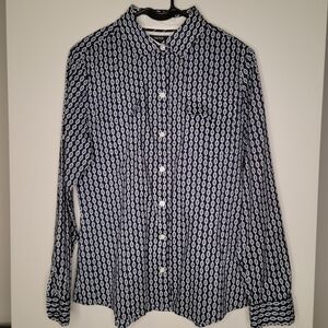Nautica Navy and White Chain-Link Pattern Button-Down Shirt Sz. L